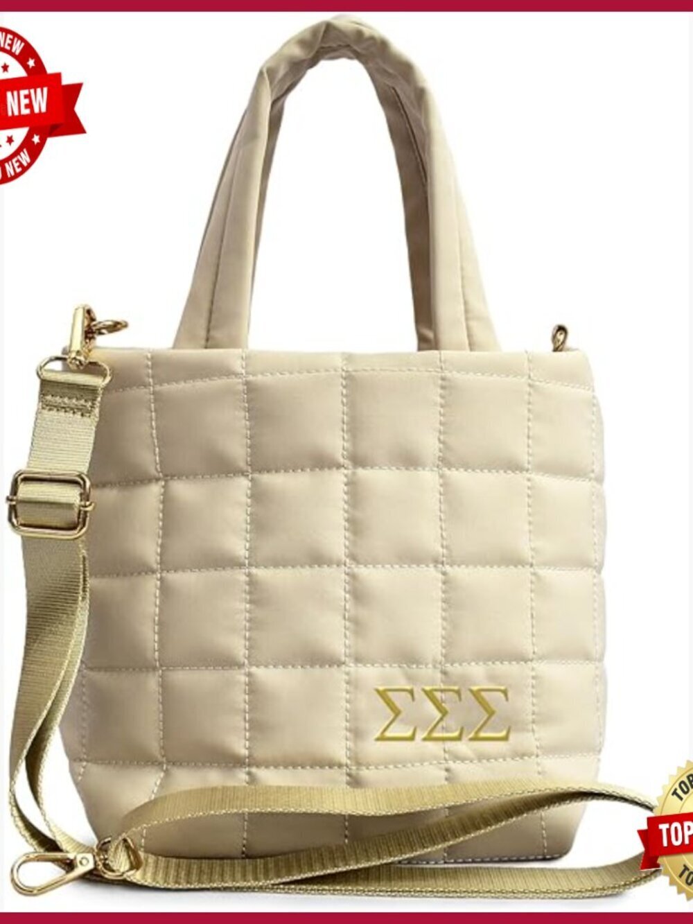 Small Quilted Tote Crossbody Bag with Greek Letters Emblem 5L Capacity